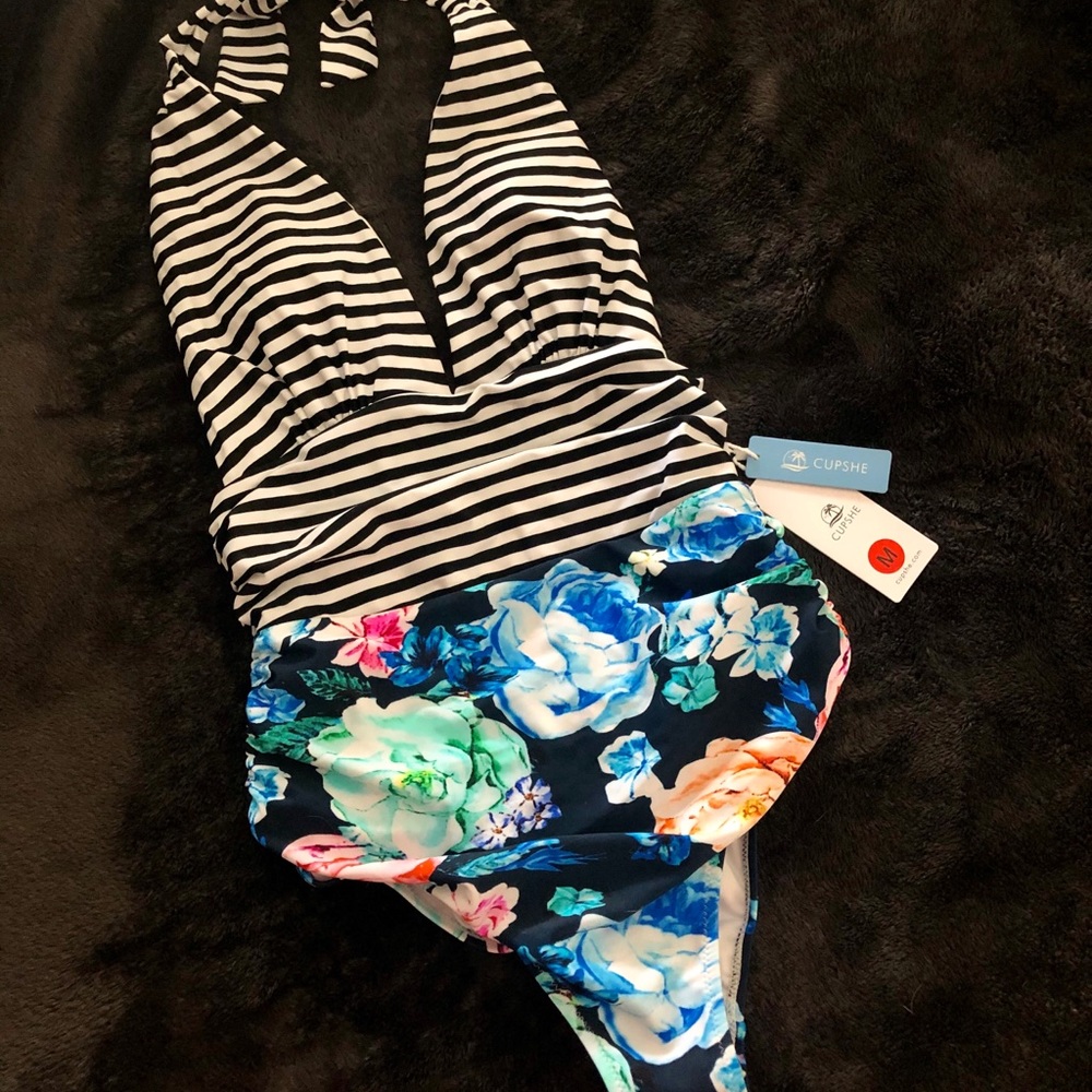CUPSHE Black Stripe and Floral One Piece